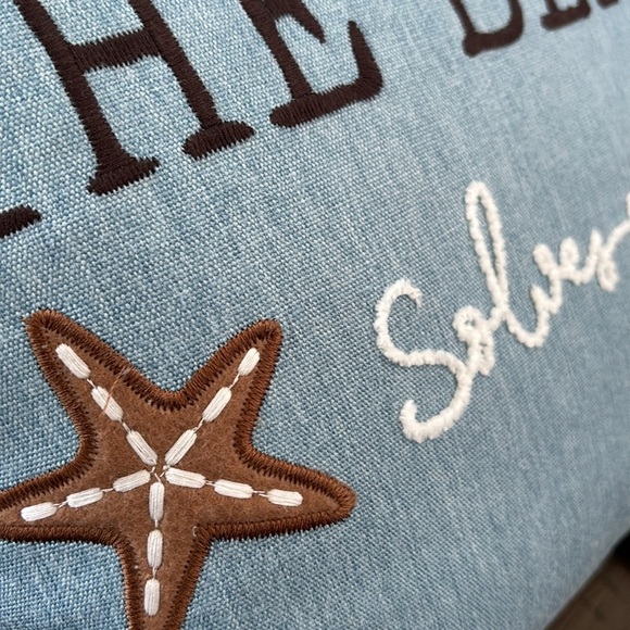 The Beach Solves Everything embroidered,rope trim, starfish, decorative pillow - Picture 3 of 8